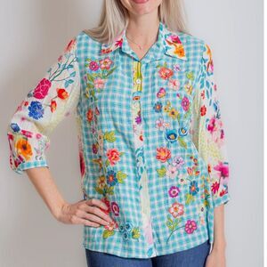John Mark Plaid Floral Embroidered Whimsey Cottage Core Button Down Blouse L